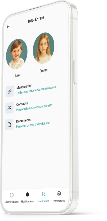 La section info-enfant de l'application Koparents regroupe les informations importante pour chaque enfants.