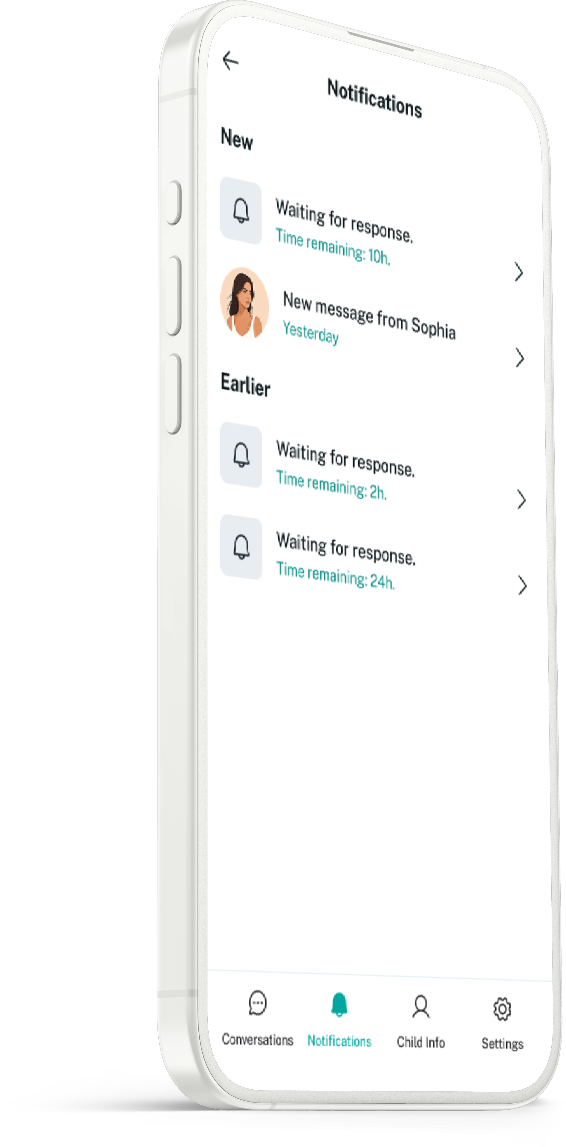 Interface utilisateur pour les notifications de messages en attente de réponse de Koparents